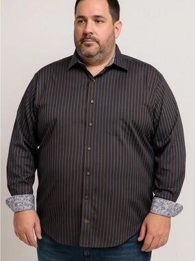 TD Thomas Dean 2xL Button Front Shirt Stripe  Contrast Floral Cuffs TD Logo